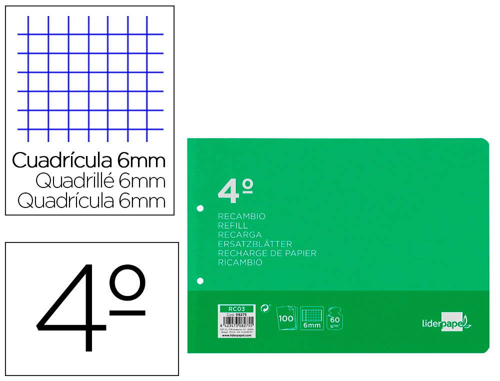 RECAMBIO LIDERPAPEL CUARTO APAISADO 100 HOJAS 60 GR CUADRO 6 MM 2 TALADROS CON MARGEN