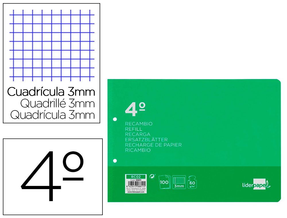 RECAMBIO LIDERPAPEL CUARTO APAISADO 100 HOJAS 60GR CUADRO 3 MM 2 TALADROS CON MARGEN