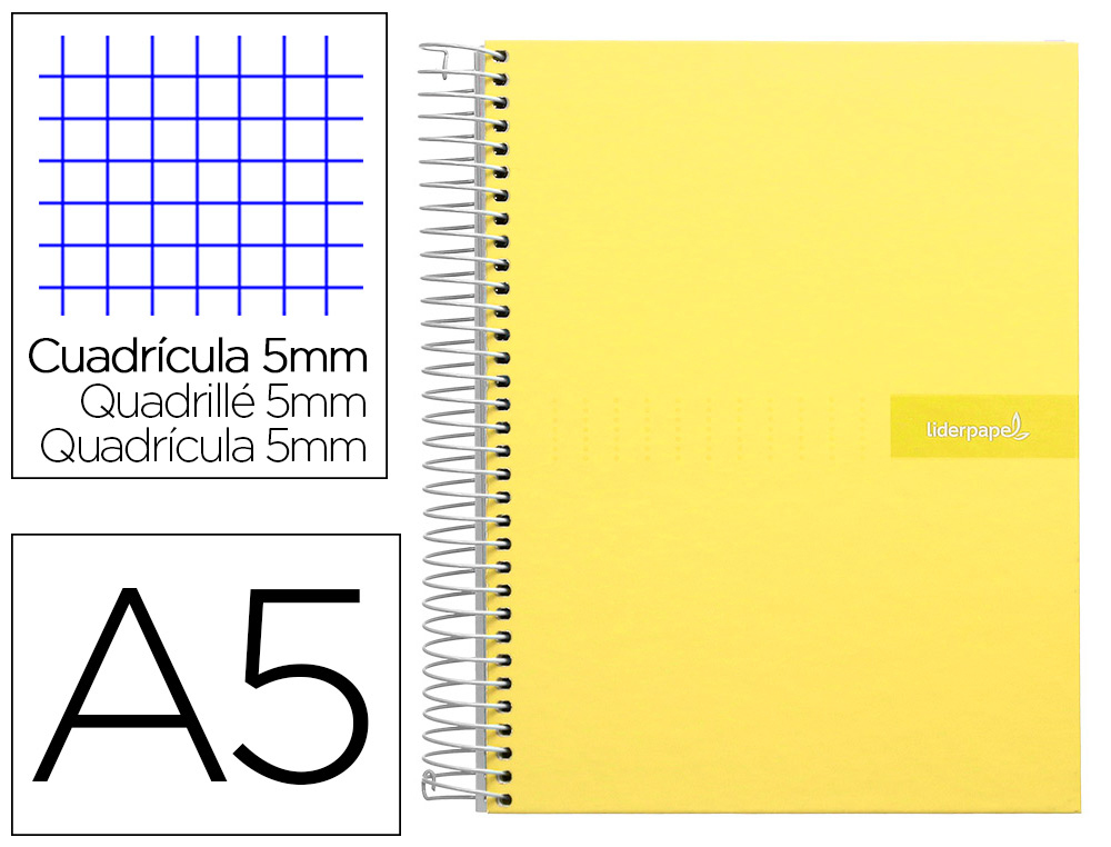 CUADERNO ESPIRAL LIDERPAPEL A5 MICRO CRAFTY TAPA FORRADA 120H 90GR CUADRO 5MM 5 BANDAS 6 TALADROS COLOR AMARILLO