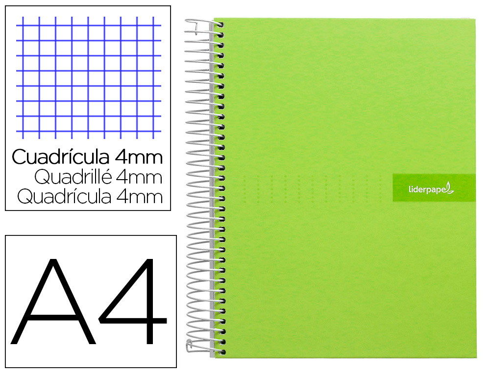 CUADERNO ESPIRAL LIDERPAPEL A4 CRAFTY TAPA FORRADA 80H 90 GR CUADRO 4MM CON MARGEN COLOR VERDE