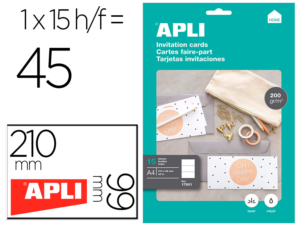 TARJETA DE VISITA APLI INVITACION HOGAR 210X99MM 200GR BLANCA PACK DE 15 HOJAS DIN A4