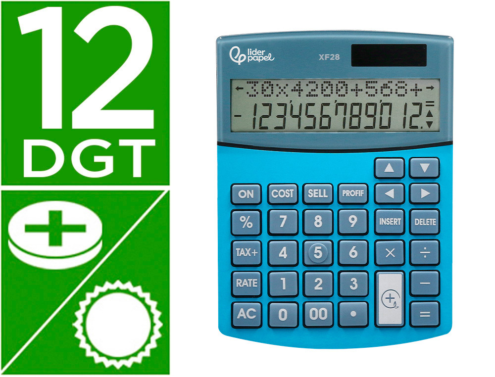 CALCULADORA LIDERPAPEL SOBREME SA XF28 12 DIGITOS DOS LINEAS COSTE VENTA MARGEN Y TASAS SOLAR Y PILAS AZUL 155X115X25 MM