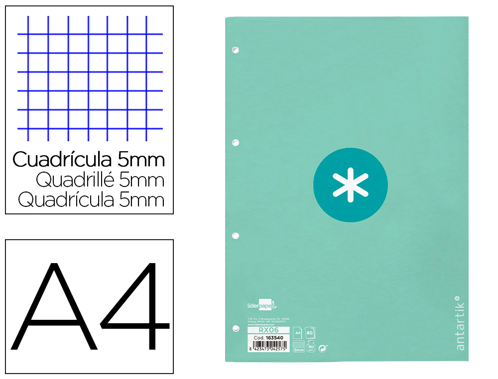 RECAMBIO ANTARTIK A4 80 HOJAS 90G/M2 CUADRO 5 MM 4 TALADROS 1 BANDA MARCO COLOR MENTA