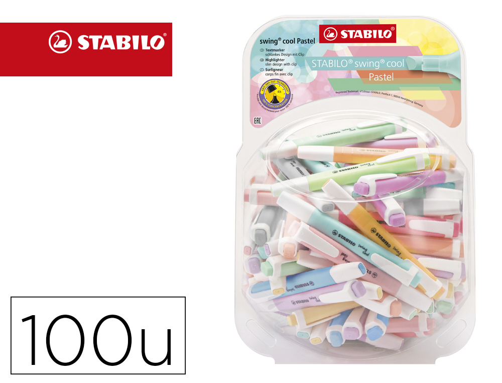 ROTULADOR STABILO FLUORESCENTE SWING COOL PASTEL BOMBONERA DE 100 UNIDADES COLORES SURTIDOS