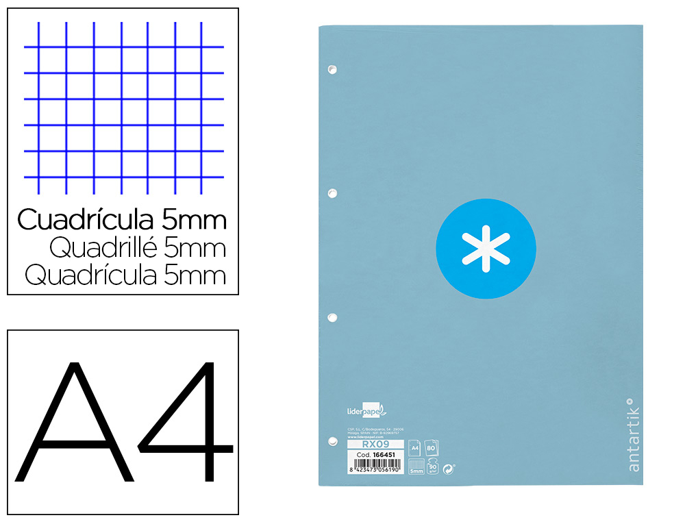 RECAMBIO ANTARTIK A4 80 HOJAS 90G/M2 CUADRO 5MM 4 TALADROS 1 BANDA CON MARCO COLOR CELESTE