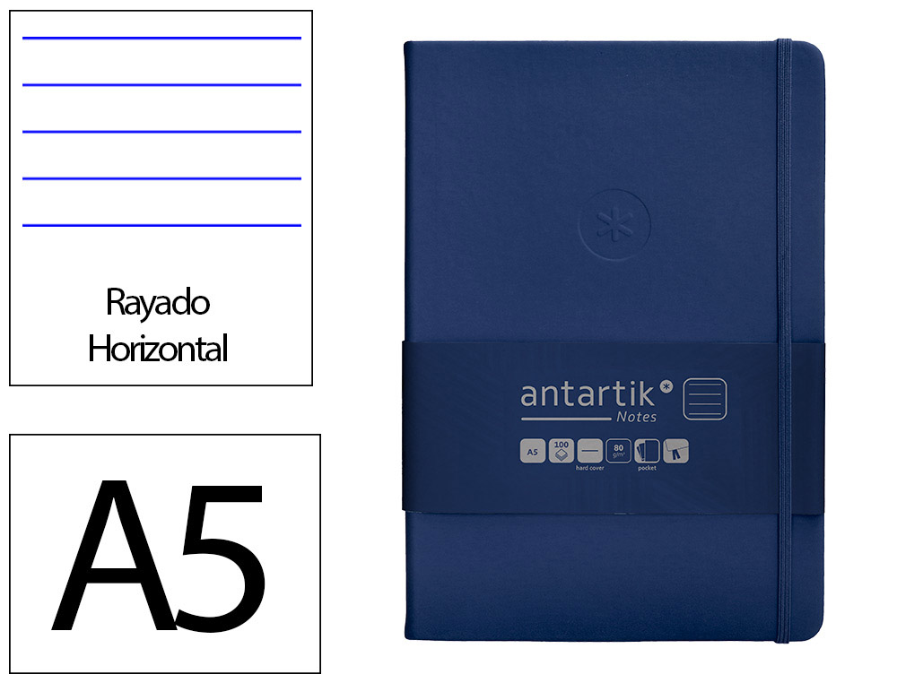 CUADERNO CON GOMILLA ANTARTIK NOTES TAPA DURA A5 HOJAS RAYAS AZUL MARINO 100 HOJAS 80 GR FSC