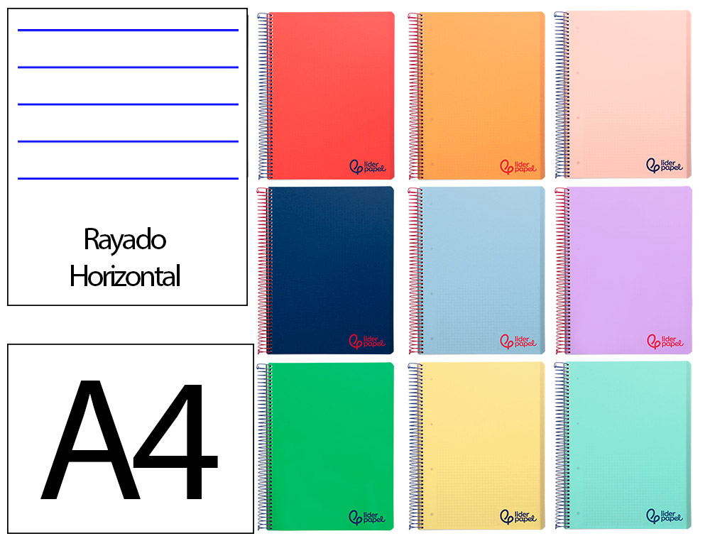CUADERNO ESPIRAL LIDERPAPEL A4 MICRO WONDER TAPA PLASTICO 120H 90GR HORIZONTAL 5 BANDAS 4 TALADROS COLORES