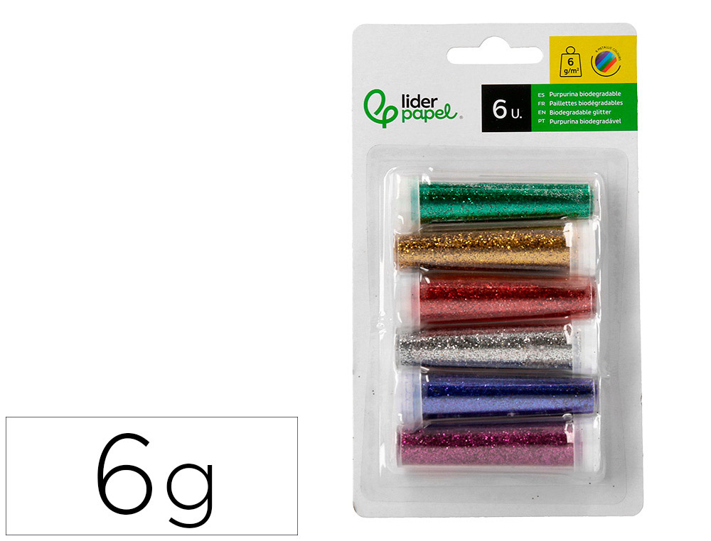 PURPURINA LIDERPAPEL BIODEGRADABLE FANTASIA BOTE 6 GR COLORES METALICOS SURTIDOS BLISTER DE 6 UNIDADES