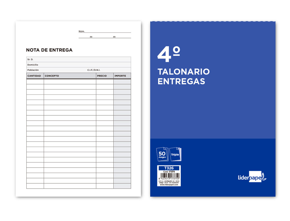 TALONARIO LIDERPAPEL ENTREGAS CUARTO ORIGINAL Y 2 COPIAS T326