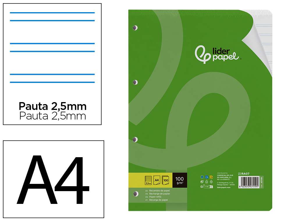 RECAMBIO LIDERPAPEL A4 100 HOJAS 100G/M2 PAUTA 5 2.5MM CON MARGEN 4 TALADROS