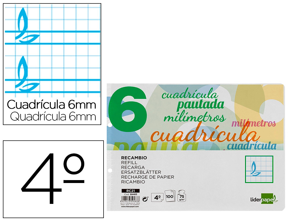 RECAMBIO LIDERPAPEL CUARTO APAISADO PAUTAGUIA 100 HOJAS 75GR CUADRICULADO PAUTADO 6MM CON MARGEN 2 TALADROS