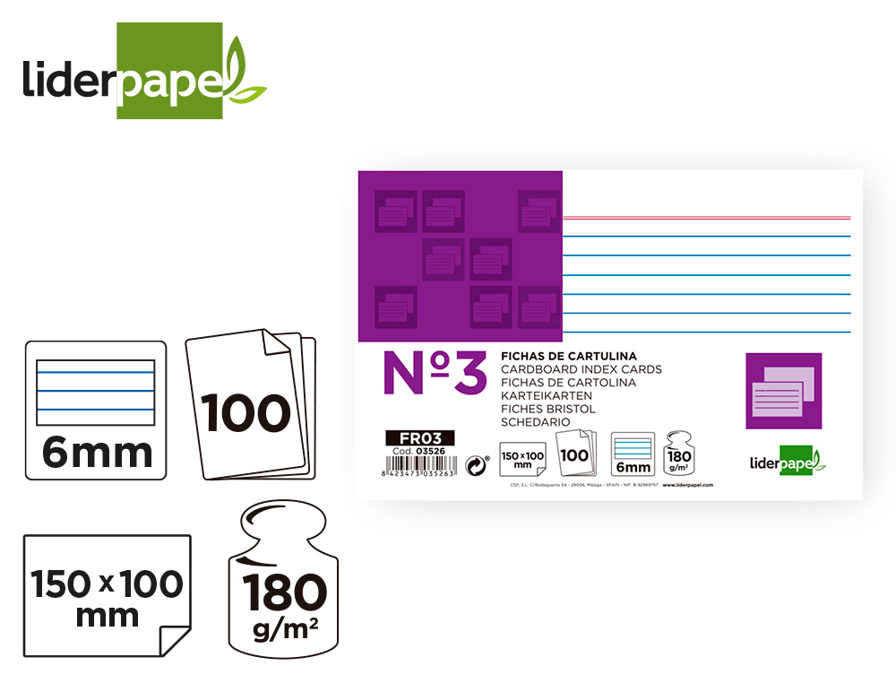 FICHA LIDERPAPEL RAYADA N3 100X150 MM 180GR PAQUETE DE 100 UNIDADES