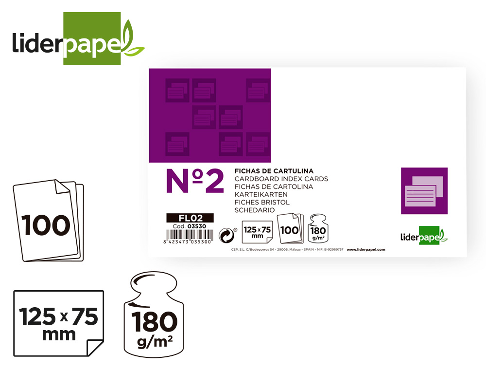 FICHA LIDERPAPEL LISA Nº2 75 X 125MM PAQUETE DE 100 180G
