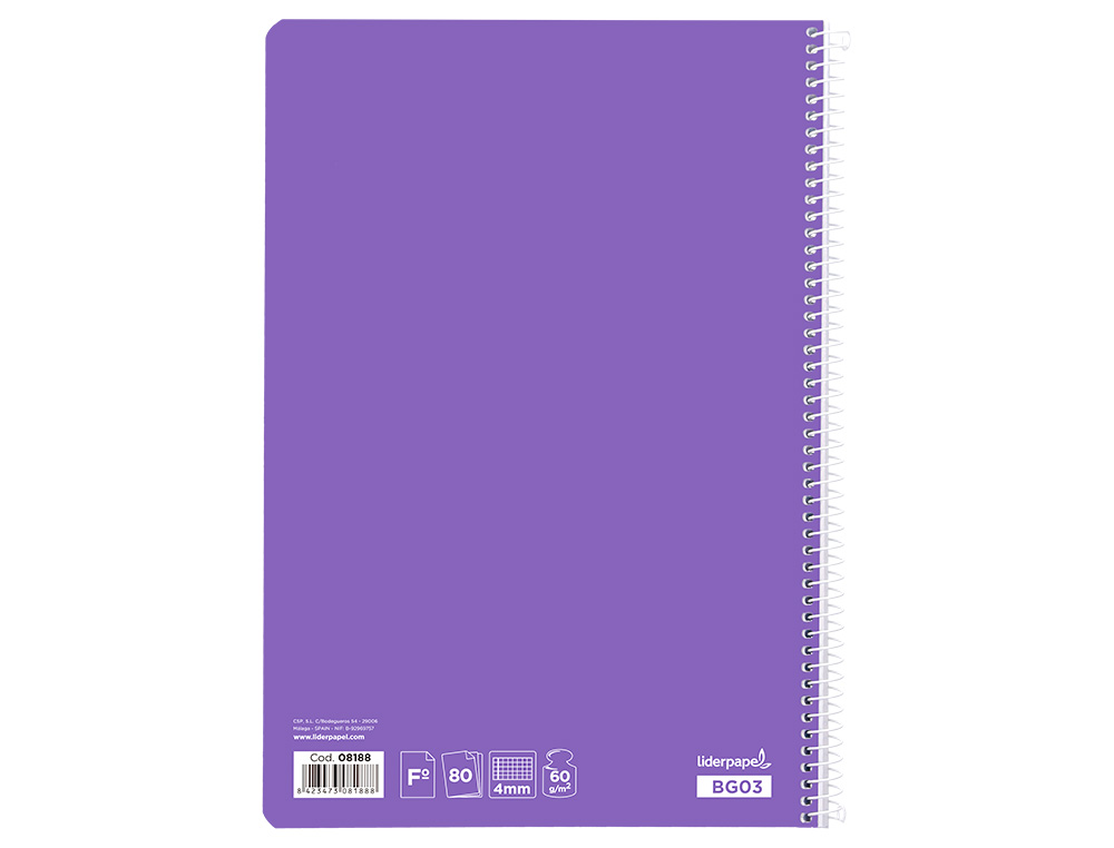 CUADERNO ESPIRAL LIDERPAPEL FOLIO SMART TAPA BLANDA 80H 60GR CUADRO 4MM CON MARGEN COLOR VIOLETA