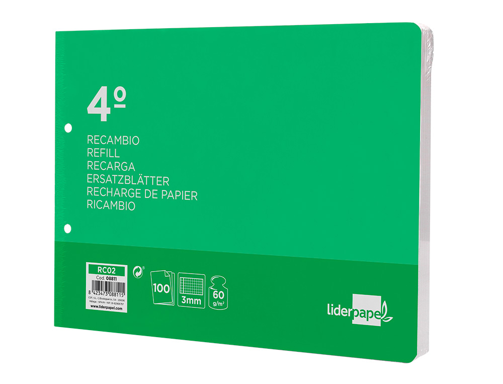RECAMBIO LIDERPAPEL CUARTO APAISADO 100 HOJAS 60GR CUADRO 3 MM 2 TALADROS CON MARGEN