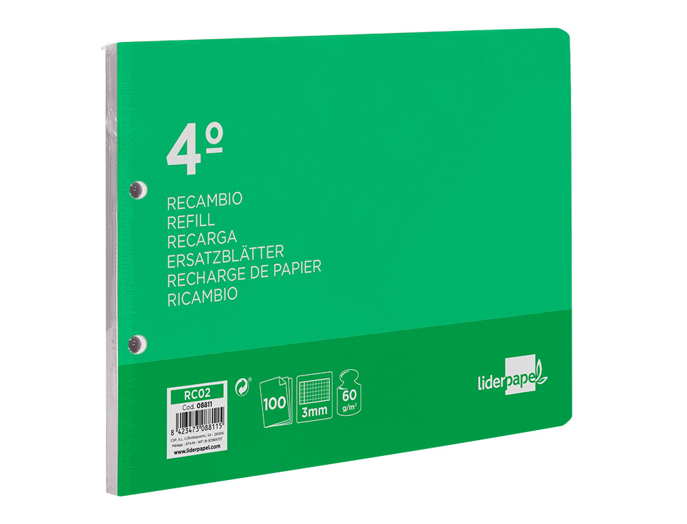 RECAMBIO LIDERPAPEL CUARTO APAISADO 100 HOJAS 60GR CUADRO 3 MM 2 TALADROS CON MARGEN