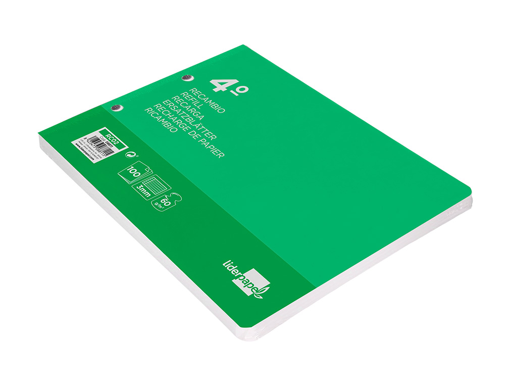 RECAMBIO LIDERPAPEL CUARTO APAISADO 100 HOJAS 60GR CUADRO 3 MM 2 TALADROS CON MARGEN