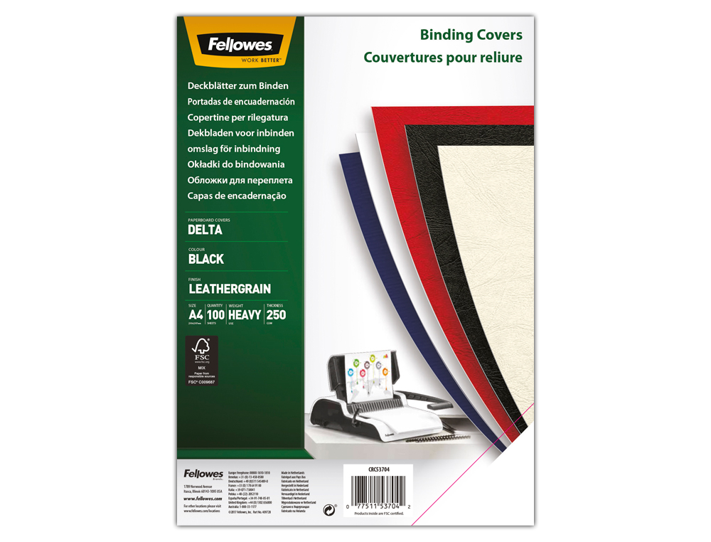 TAPA DE ENCUADERNACION FELLOWES DIN A4 CARTON BRILLO NEGRO CHROMOLUX 250 GR PACK DE 100 UNIDADES