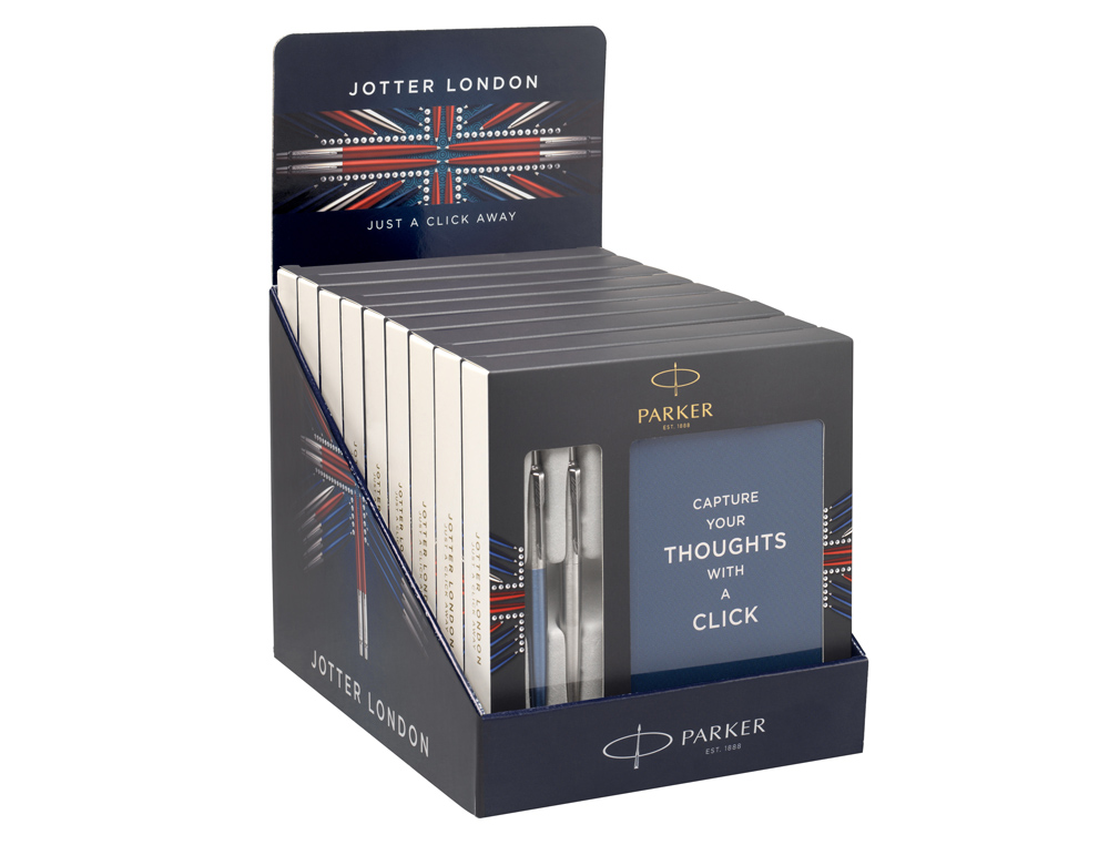 BOLIGRAFO PARKER JOTTER ACERO + AZUL + BLOC EXPOSITOR DE 9 SETS REGALO