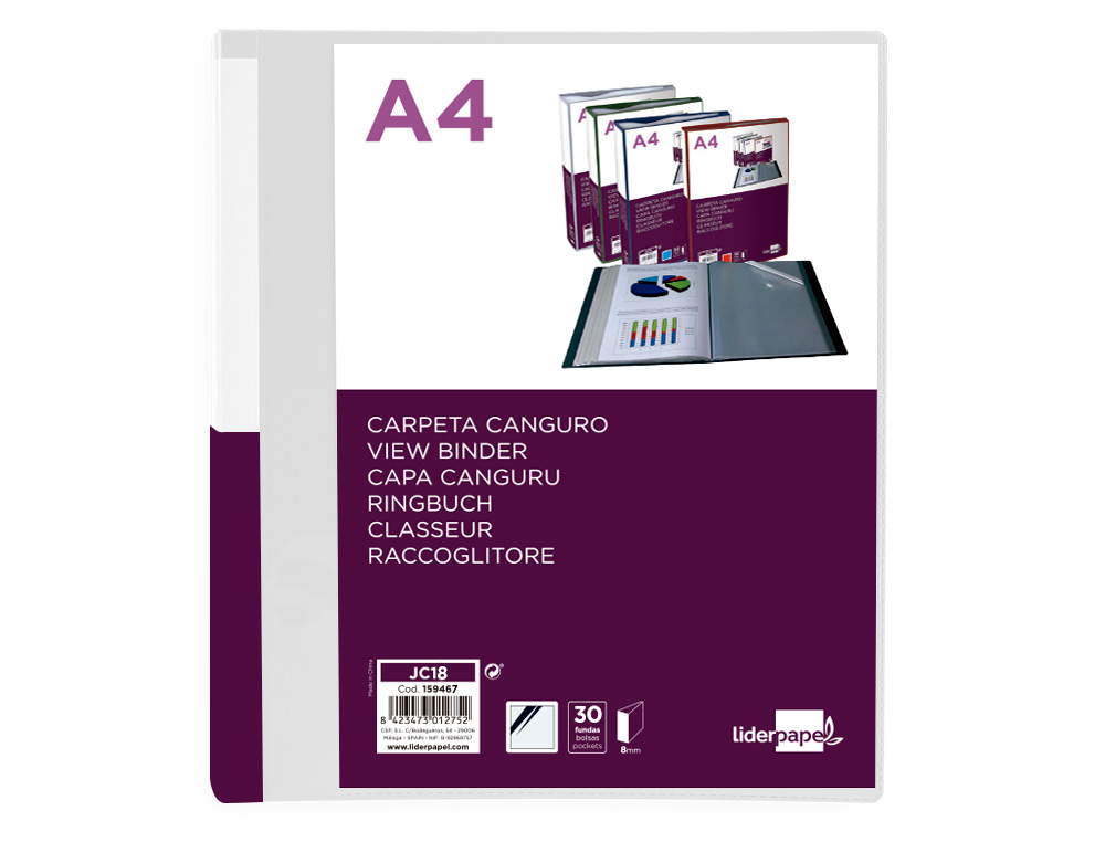 CARPETA LIDERPAPEL 30 FUNDAS CANGURO PP DIN A4 TRANSPARENTEPORTADA Y LOMO PERSONALIZABLE