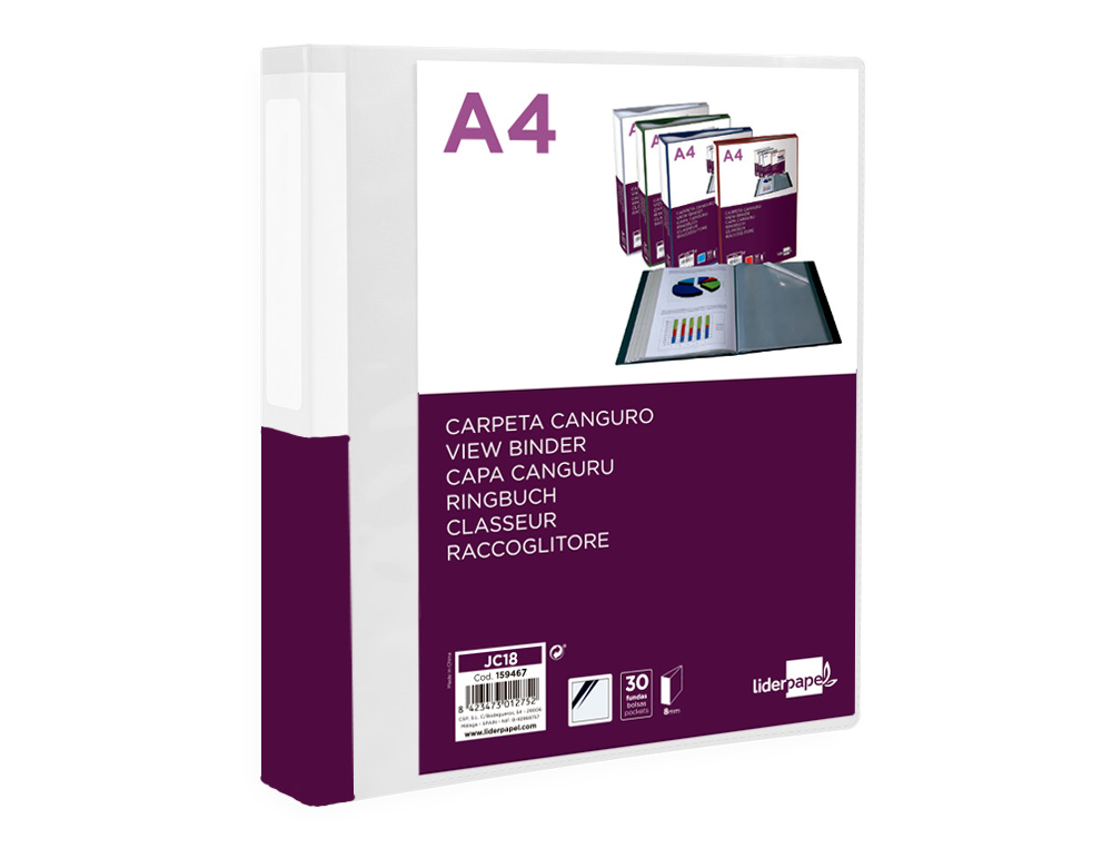 CARPETA LIDERPAPEL 30 FUNDAS CANGURO PP DIN A4 TRANSPARENTEPORTADA Y LOMO PERSONALIZABLE