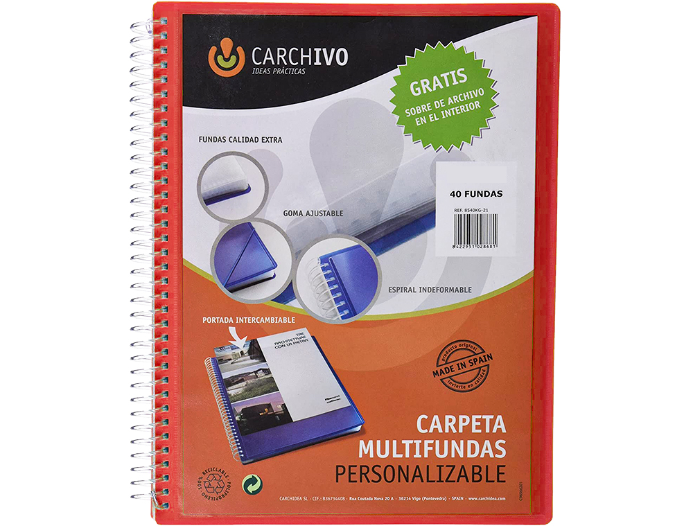 CARPETA CARCHIVO ARCHIVEX POLIPROPILENO CANGURO ROJA ESCAPARATE CON ESPIRAL 40 FUNDAS CIERRE GOMAS DIN A4