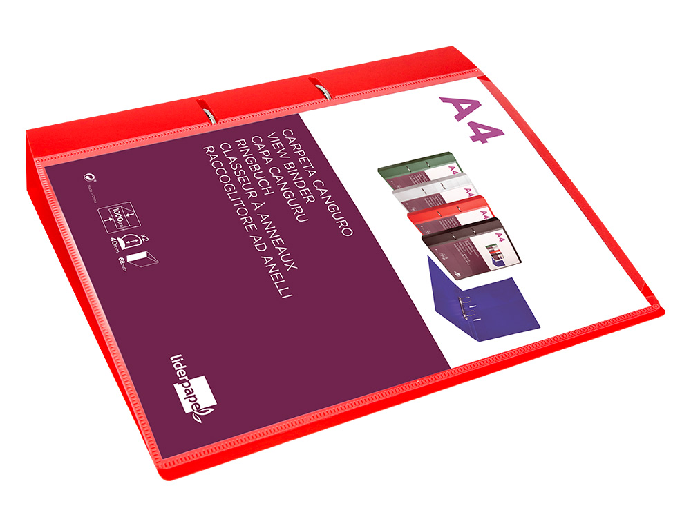 CARPETA LIDERPAPEL CANGURO 2 ANILLAS 40 MM MIXTAS POLIPROPILENO DIN A4 ROJO TRANSLICUDO
