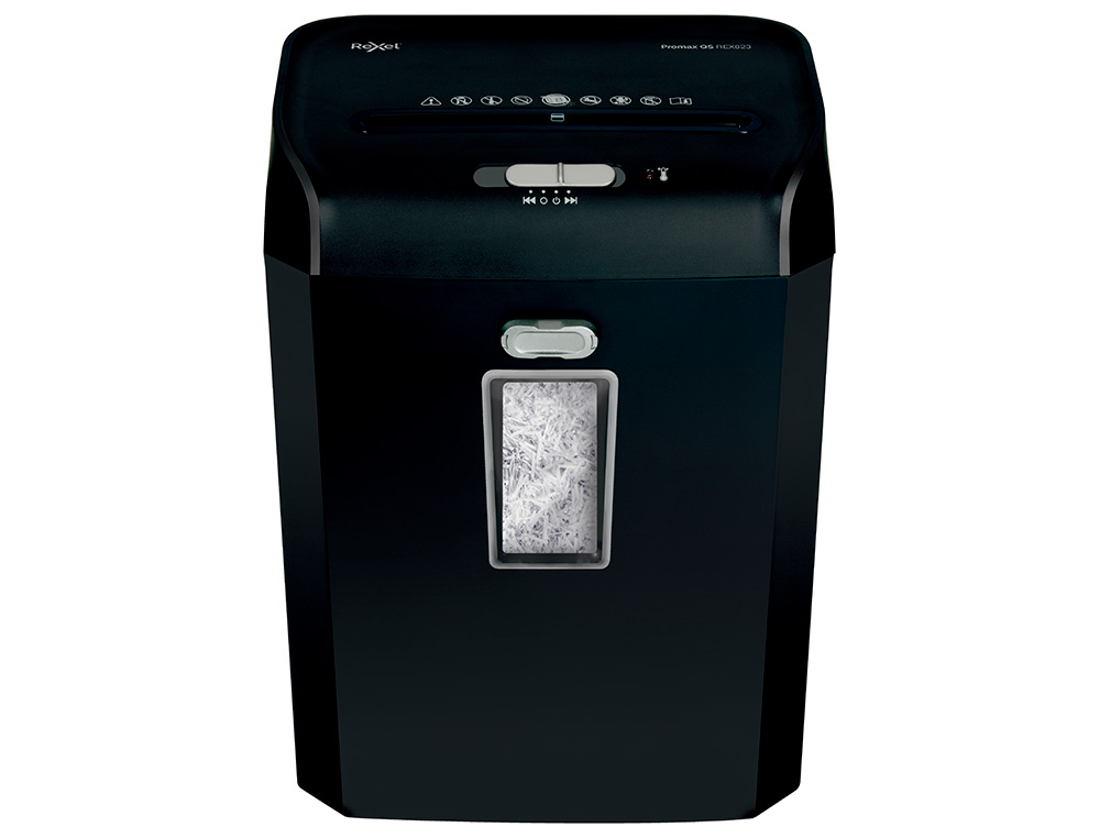 DESTRUCTORA DE DOCUMENTOS REXEL PROMAX QS REX823 CAPACIDAD 8 HOJAS PARTICULAS DESTRUYE GRAPAS CLIPS Y