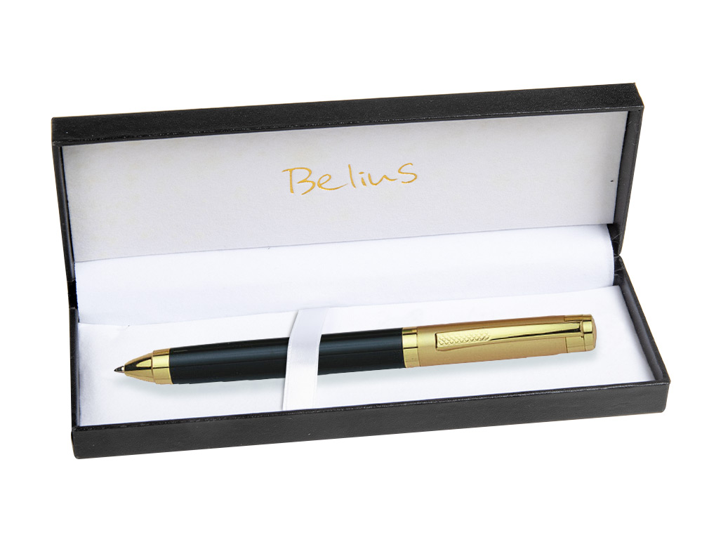 BOLIGRAFO BELIUS FRANKFURT NEGRO Y DORADO TINTA AZUL EN ESTUCHE
