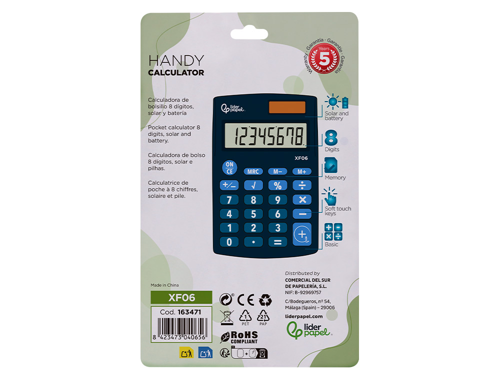 CALCULADORA LIDERPAPEL BOLSILLO XF06 8 DIGITOS SOLAR Y PILAS COLOR AZUL 98X62X8 MM