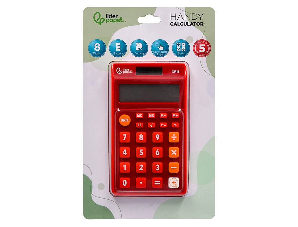 CALCULADORA LIDERPAPEL BOLSILLO XF11 8 DIGITOS SOLAR Y PILAS COLOR ROJO 115X65X8 MM