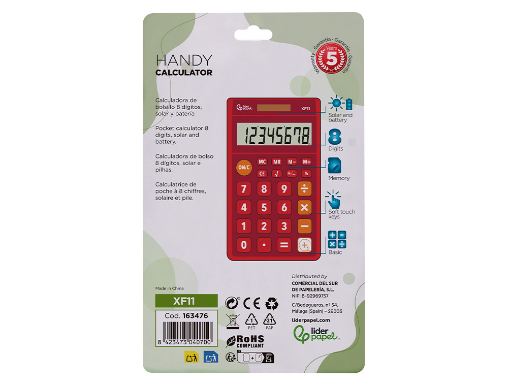 CALCULADORA LIDERPAPEL BOLSILLO XF11 8 DIGITOS SOLAR Y PILAS COLOR ROJO 115X65X8 MM