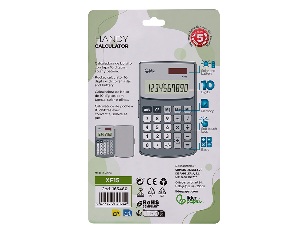 CALCULADORA LIDERPAPEL BOLSILLO XF15 10 DIGITOS CON TAPA SOLAR Y PILAS COLOR GRIS 123X75X12 MM