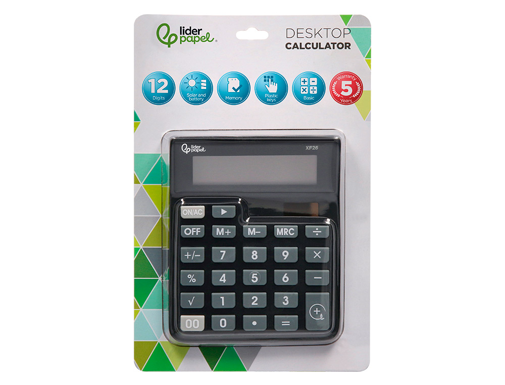 CALCULADORA LIDERPAPEL SOBREMESA XF26 12 DIGITOS SOLAR Y PILAS COLOR NEGRO 127X105X24 MM