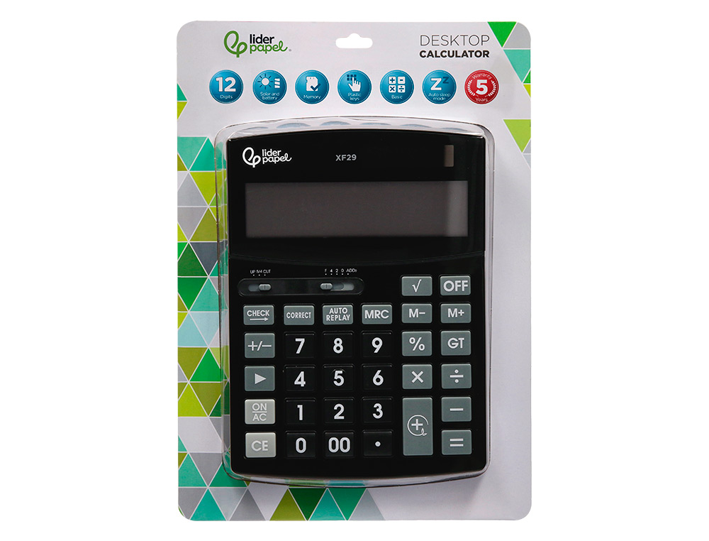 CALCULADORA LIDERPAPEL SOBREMESA XF29 12 DIGITOS SOLAR Y PILAS COLOR NEGRO 190X140X30 MM