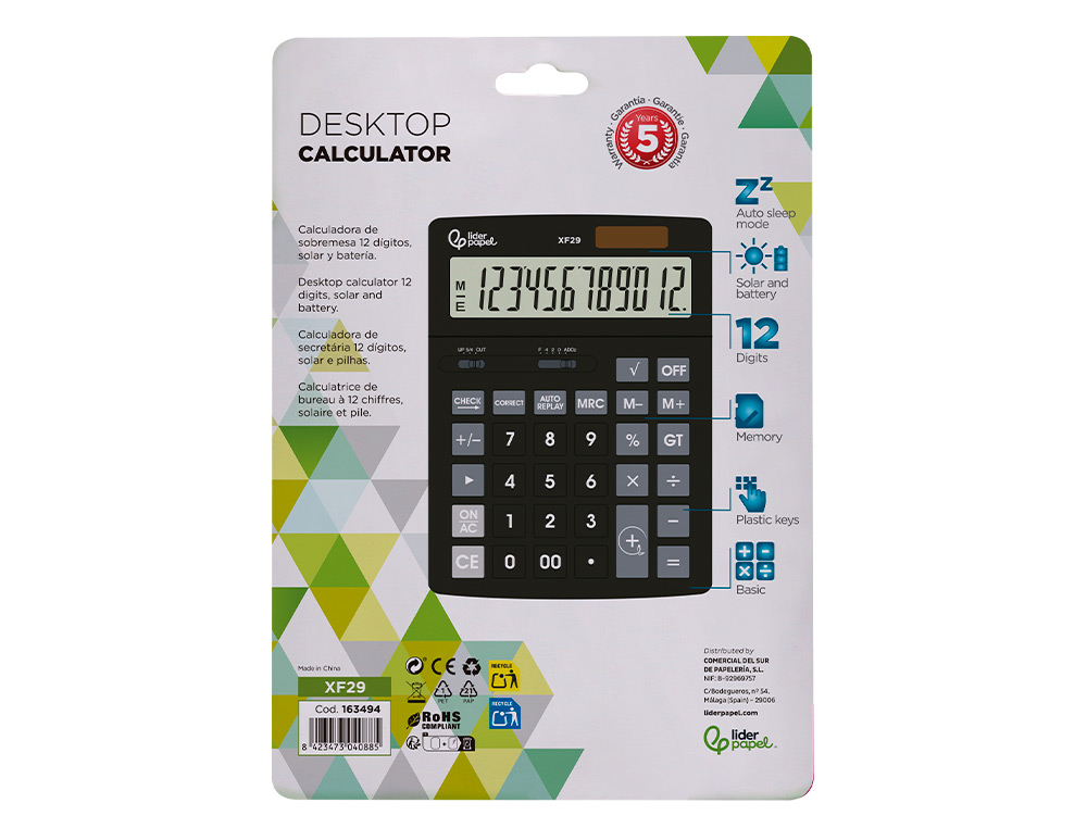CALCULADORA LIDERPAPEL SOBREMESA XF29 12 DIGITOS SOLAR Y PILAS COLOR NEGRO 190X140X30 MM