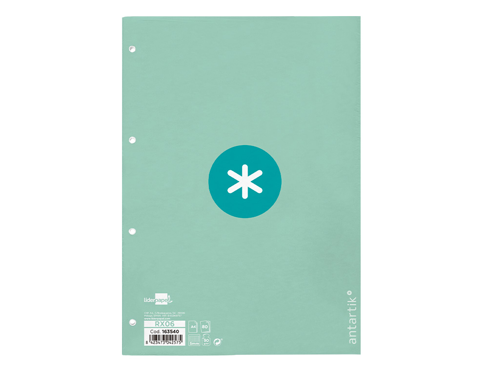 RECAMBIO ANTARTIK A4 80 HOJAS 90G/M2 CUADRO 5 MM 4 TALADROS 1 BANDA MARCO COLOR MENTA