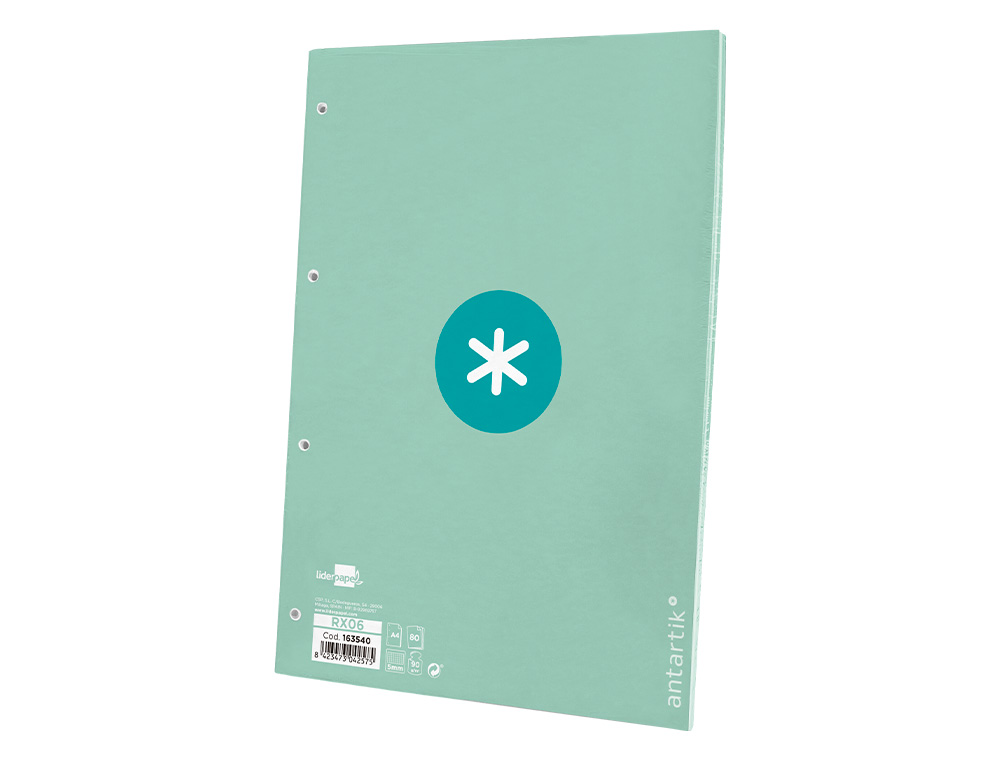 RECAMBIO ANTARTIK A4 80 HOJAS 90G/M2 CUADRO 5 MM 4 TALADROS 1 BANDA MARCO COLOR MENTA