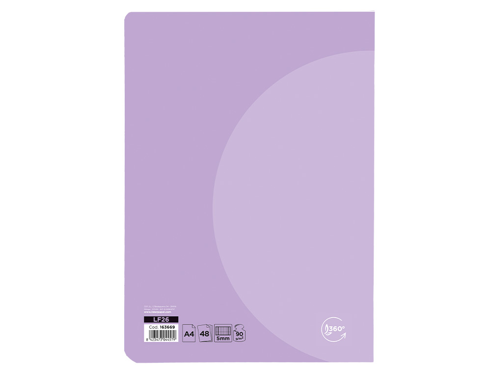 LIBRETA LIDERPAPEL 360 TAPA DE PLASTICO A5 48 HOJAS 90G/M2 CUADRO 5 MM CON DOBLE MARGEN COLORES PASTEL