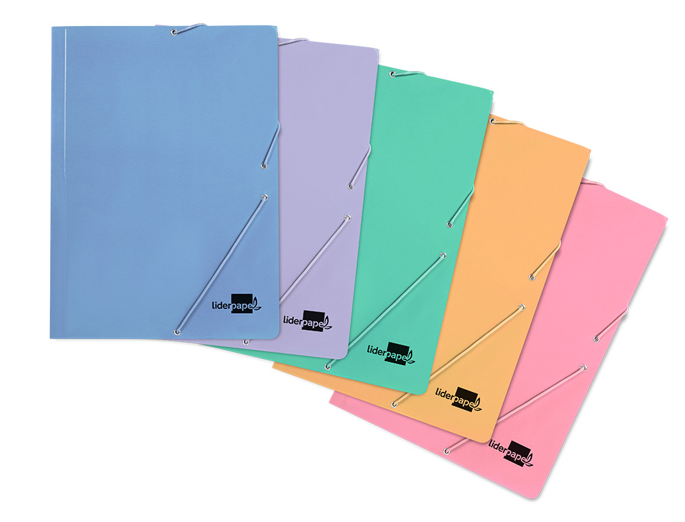 CARPETA LIDERPAPEL GOMAS TRES SOLAPAS CARTON PLASTIFICADO FOLIO COLORES PASTELES SURTIDOS