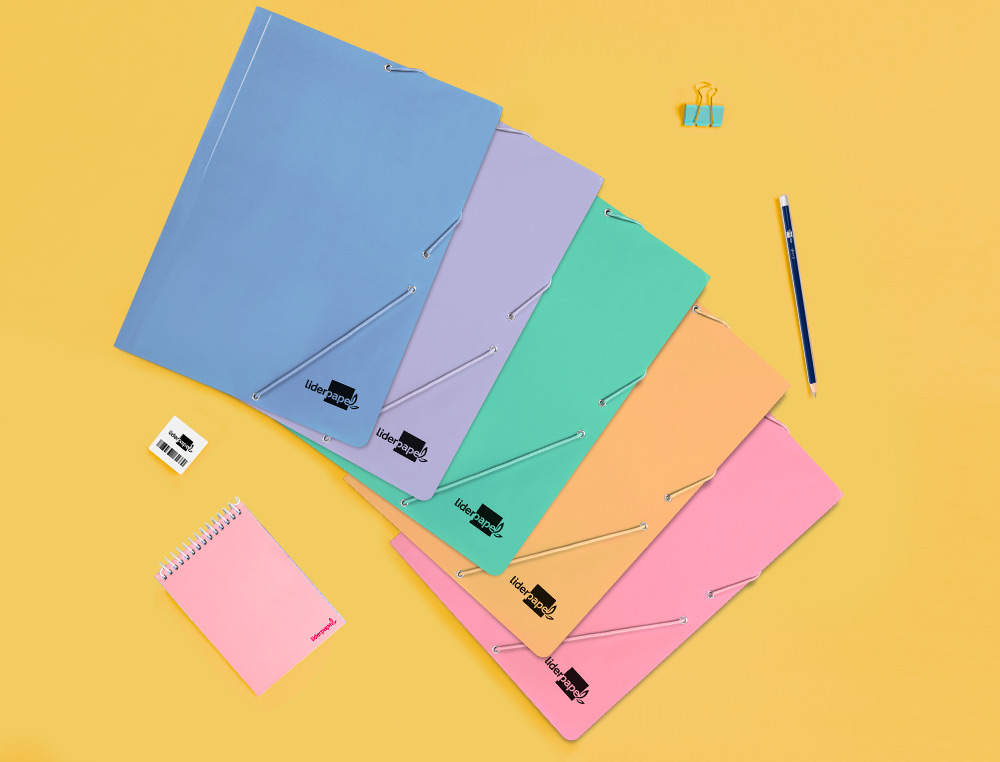 CARPETA LIDERPAPEL GOMAS TRES SOLAPAS CARTON PLASTIFICADO FOLIO COLORES PASTELES SURTIDOS