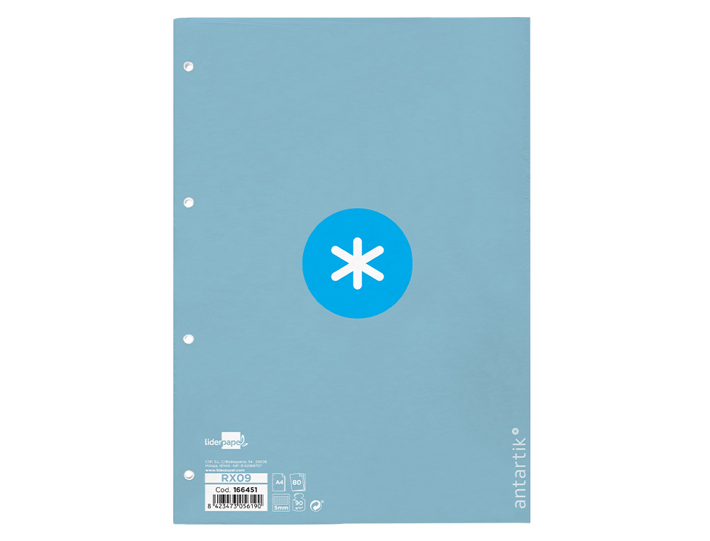 RECAMBIO ANTARTIK A4 80 HOJAS 90G/M2 CUADRO 5MM 4 TALADROS 1 BANDA CON MARCO COLOR CELESTE