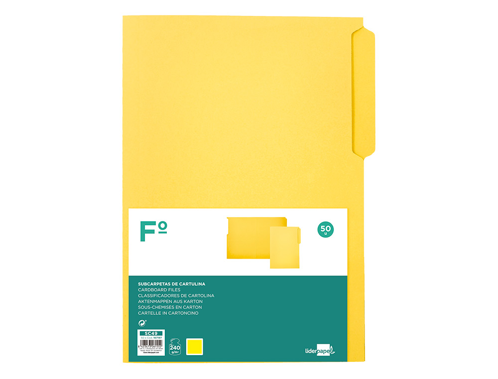 SUBCARPETA CARTULINA LIDERPAPEL FOLIO PESTAÑA SUPERIOR 240G/M2 AMARILLO