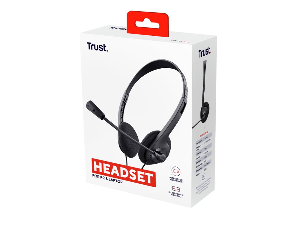 AURICULAR TRUST BASICS CON MICROFONO AJUSTABLE JACK 3.5 LONGITUD CABLE 180 CM COLOR NEGRO