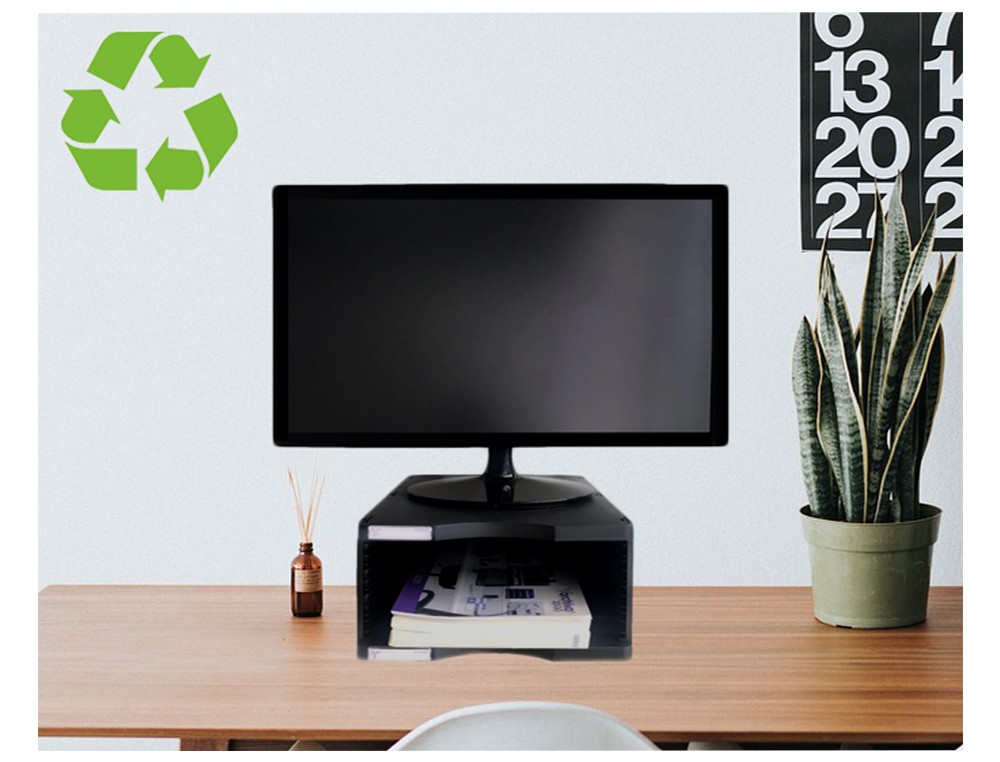 SOPORTE ARCHIVO 2000 PARA MONITOR POLIESTER 100% RECICLADO COMPARTIMENTO A4 Y FOLIO NEGRO 360X300X145 MM
