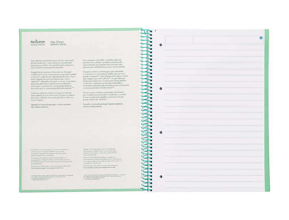 CUADERNO ESPIRAL NAVIGATOR A4 MICRO TAPA FORRADA 80H 80GR HORIZONTAL 1 BANDA COLOR MENTA