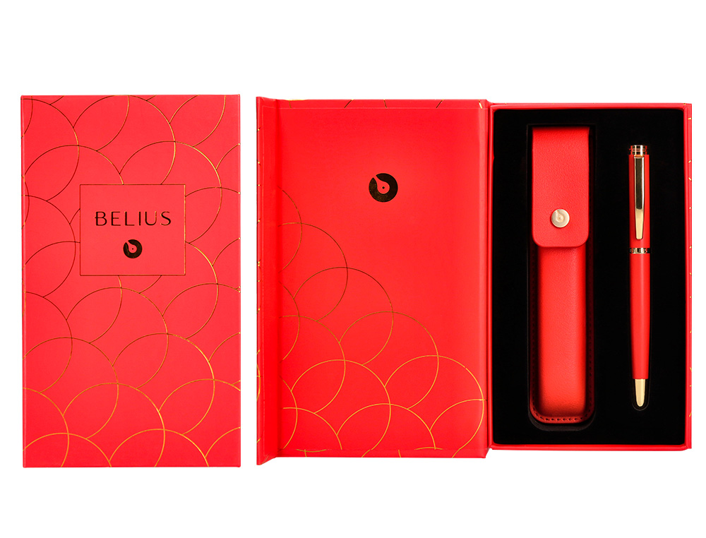 PLUMA Y ESTUCHE CUERO BELIUS PASSION DOR ALUMINIO TEXTURA CEPILLADA COLOR ROJO Y DORADO TINTA AZUL CAJA DE DISEÑO