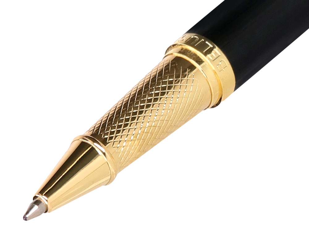 BOLIGRAFO Y ESTUCHE BELIUS PASSION DOR ALUMINIO TEXTURA CEPILLADA COLOR NEGRO Y DORADO TINTA AZUL CAJA DISEÑO