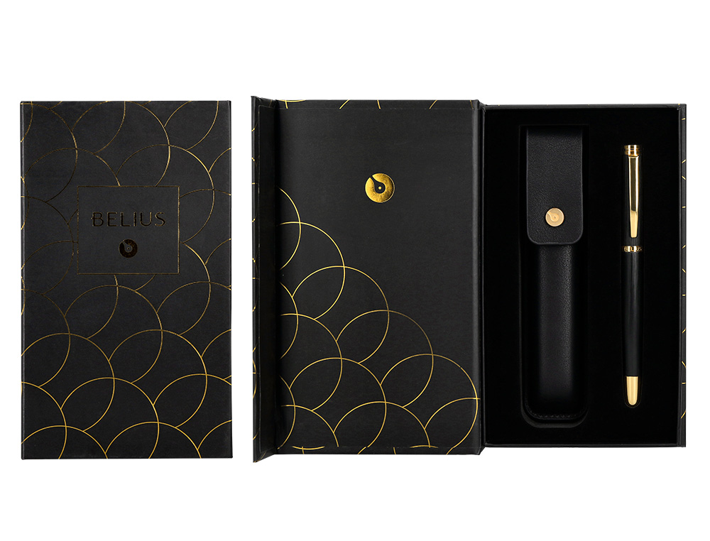 BOLIGRAFO Y ESTUCHE BELIUS PASSION DOR ALUMINIO TEXTURA CEPILLADA COLOR NEGRO Y DORADO TINTA AZUL CAJA DISEÑO
