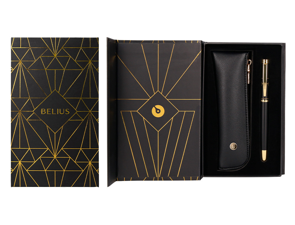 PLUMA Y ESTUCHE BELIUS SOIREE COLOR ART DECO NEGRO Y DORADO TINTA AZUL CAJA DE DISEÑO